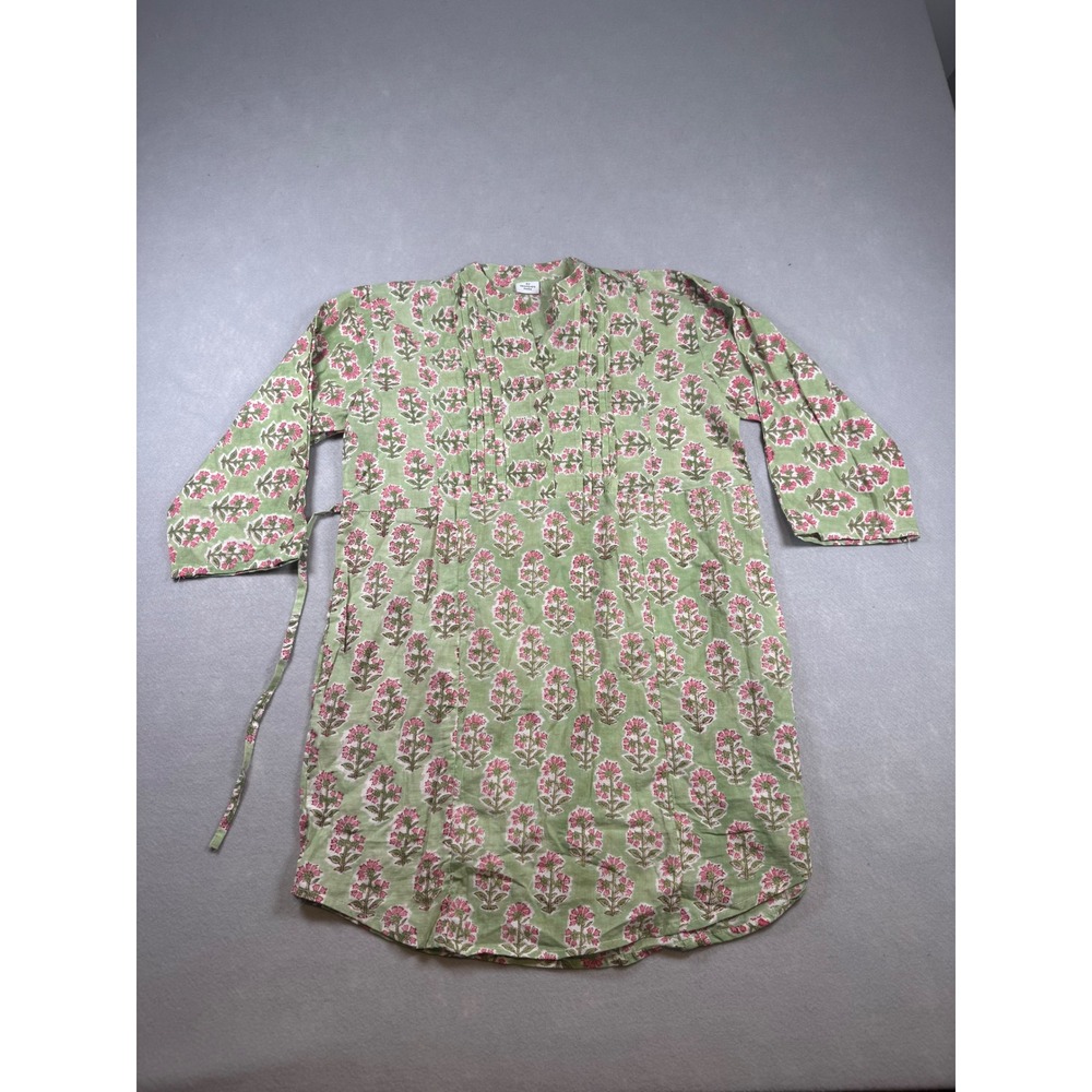 Au Printemps Paris Green Pink Floral Cotton Pintuck Tunic Top Split Neck Womens